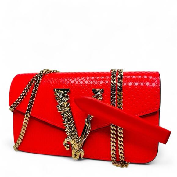NWT Versace Virtus Gold Engraved Coral Red Leather Mini Evening Crossbody Bag - Picture 11 of 11